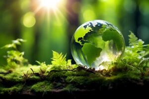 Glass globe on a bed of ferns, backlit by rays of sunlight
